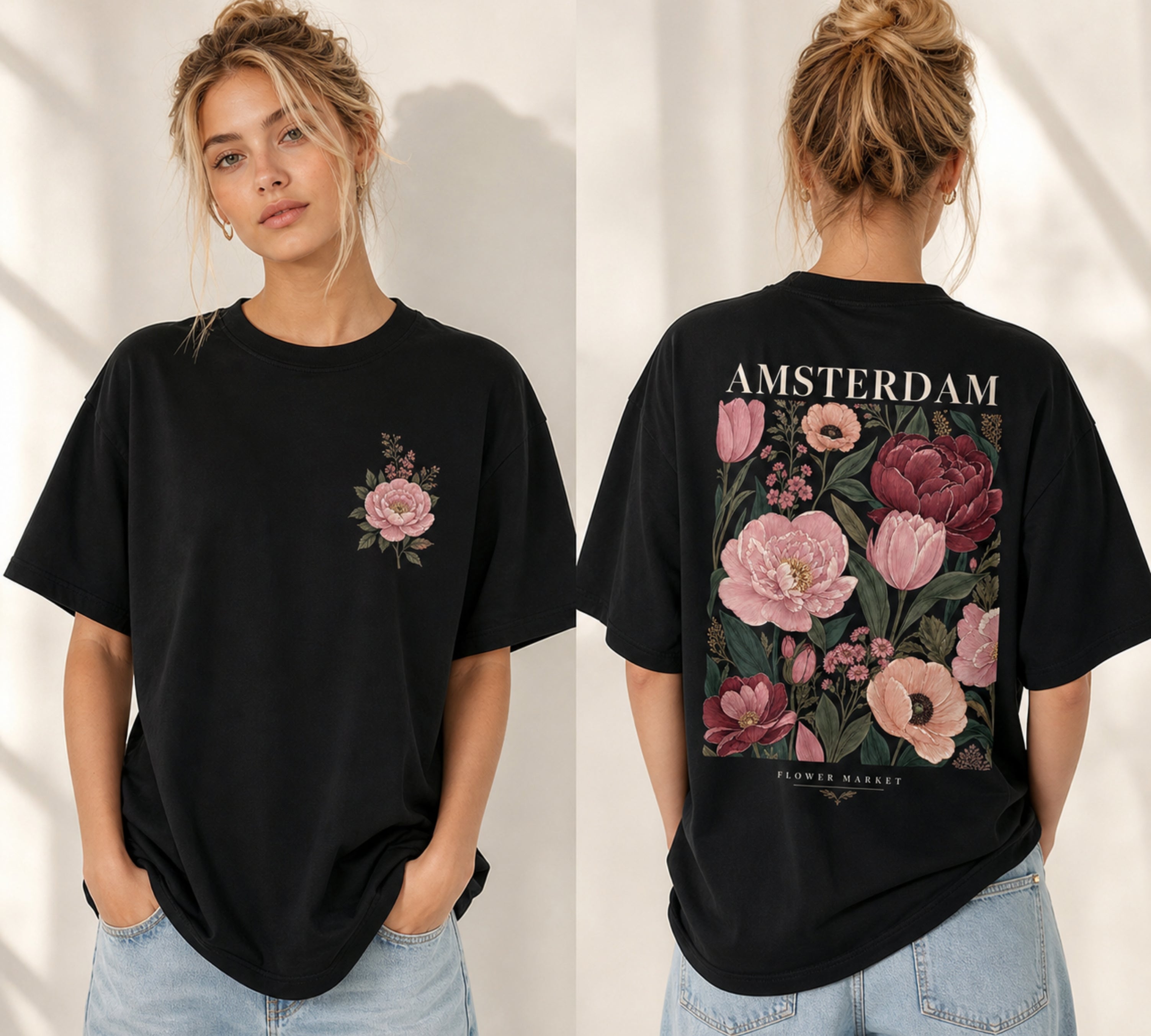 Camiseta Preta Streetwear Flowers Amsterdam Estampada em Algodão Premium | Switch Factory