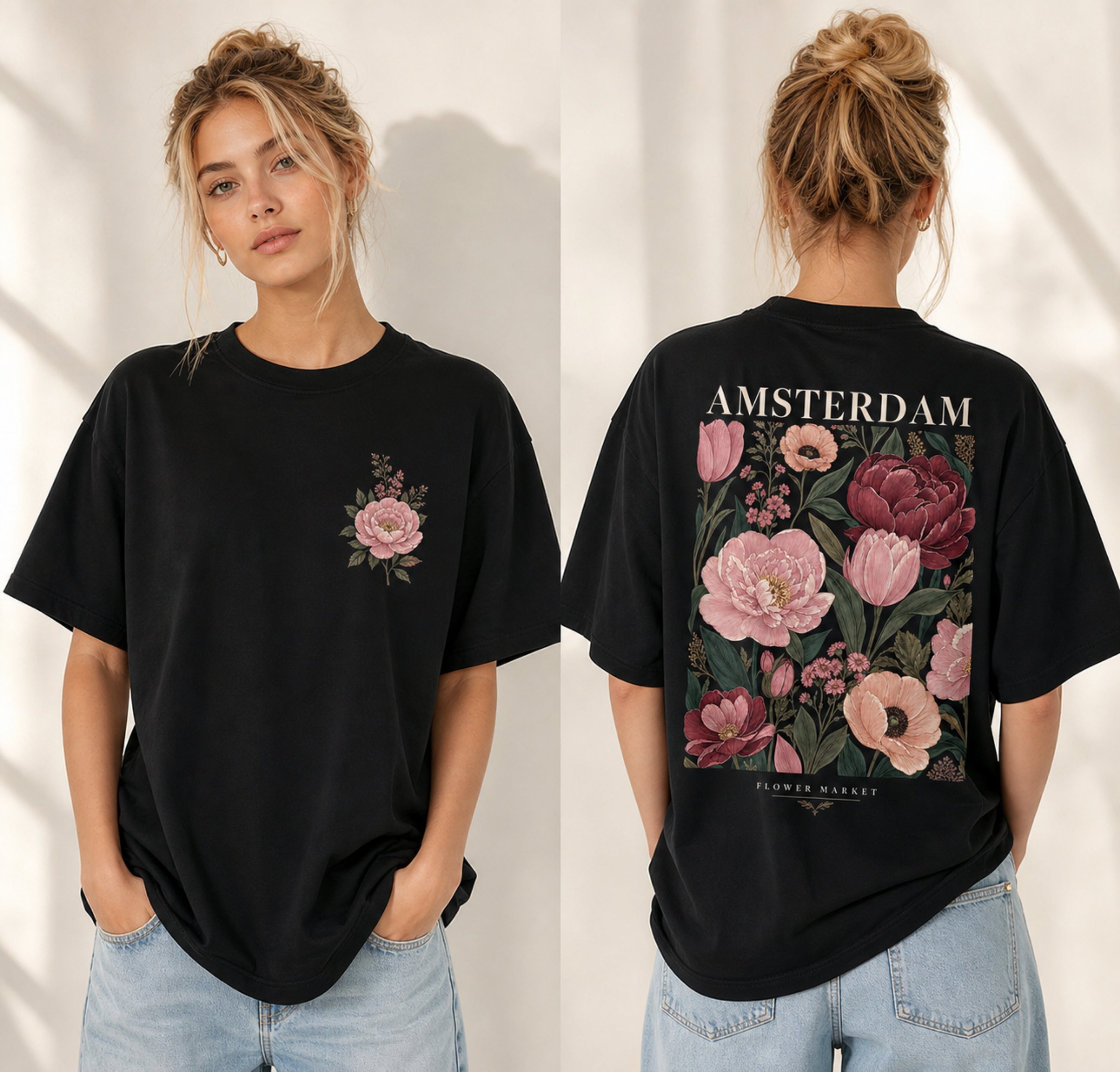 Camiseta Preta Streetwear Flowers Amsterdam Estampada em Algodão Premium | Switch Factory