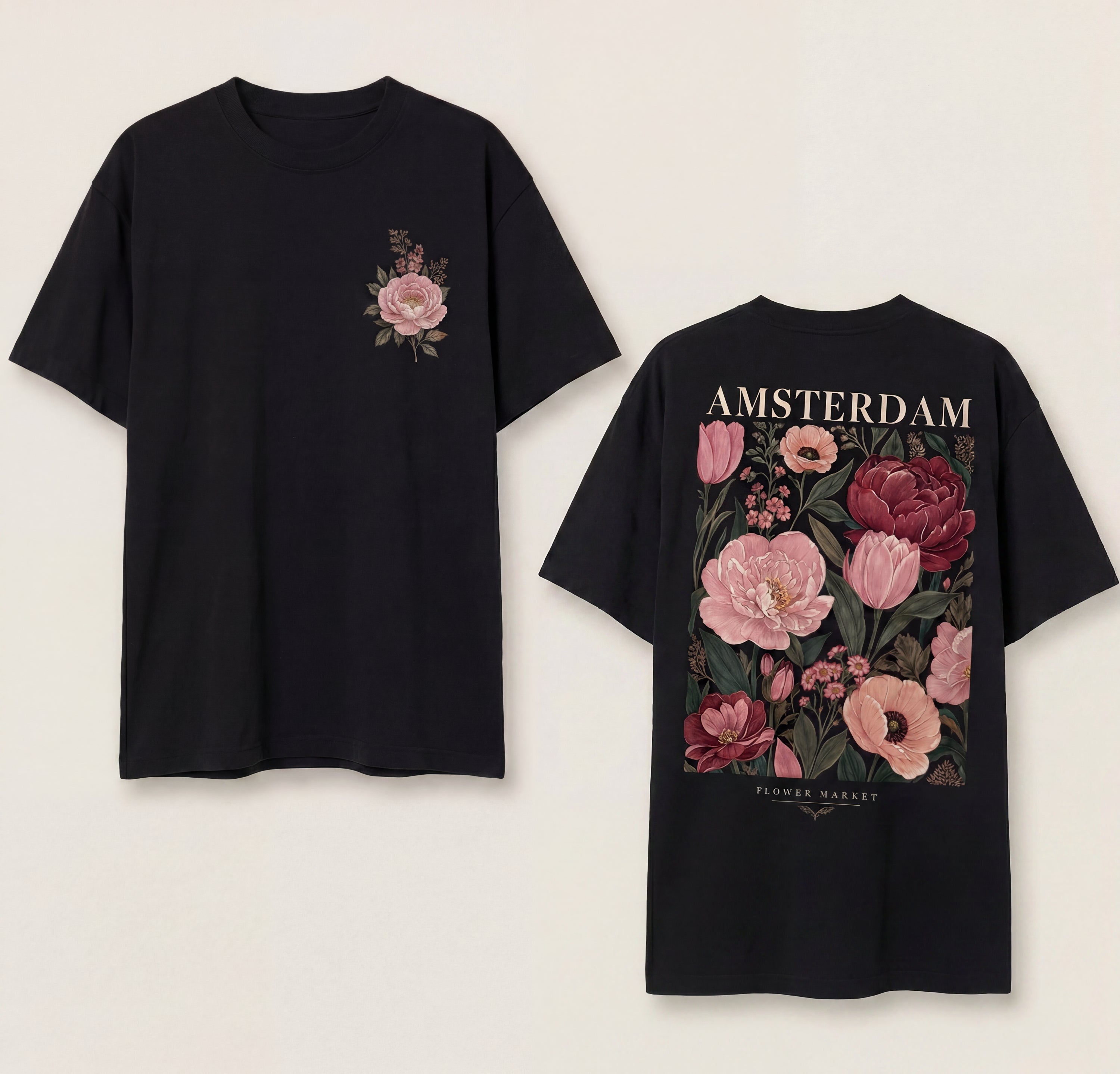 Camiseta Preta Streetwear Flowers Amsterdam Estampada em Algodão Premium | Switch Factory