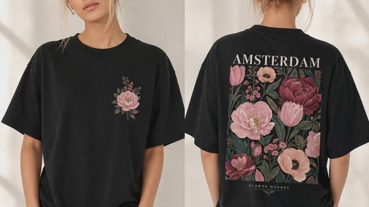 Camiseta Preta Streetwear Flowers Amsterdam Estampada em Algodão Premium | Switch Factory
